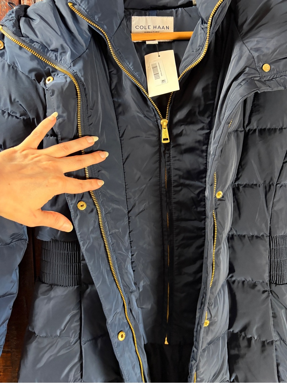 Cole Haan Navy Quilted Down/Feather Hooded Maxi Puffer Coat Medium - Picture 3 of 8